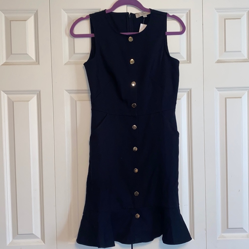 Loft Button Up Flounce Navy Dress